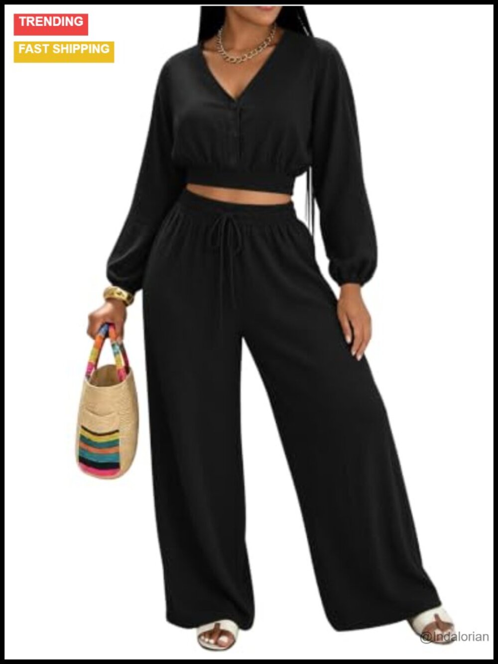 V-Neck Button Front Wide Leg 2 Piece Pant Set Casual Vacation Outfit